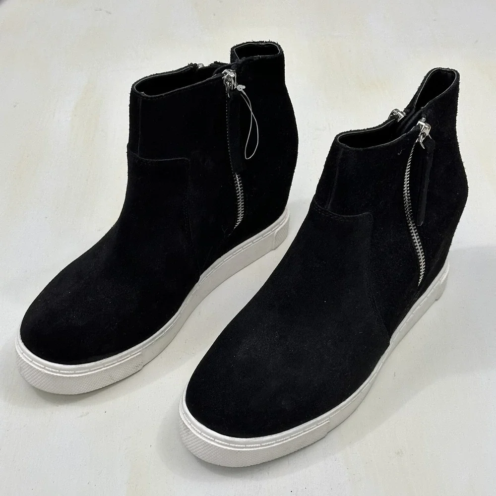 New Steve Madden Saidi‎ Zip Up Boots Women 9.5 Black Suede Platform Shoes Wedge